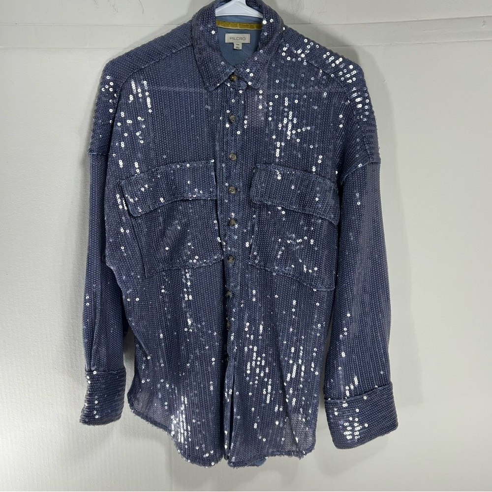 Anthropology Pilcro Shimmering Blue Buttondown Tunic Style Sequin Shirt Size XSP